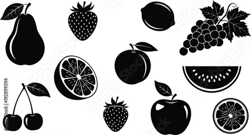 Black Silhouette Fruit Icon Set with Pear Strawberry Lemon Grape Apple Peach Watermelon Cherry Orange and Tropical Summer Fresh Produce Elements