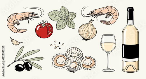 A collection of fresh ingredients for a seafood dish, including shrimp, scallops, tomatoes, basil, olives, and a bottle of white wine.