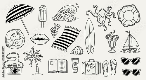 A collection of hand-drawn summer vacation icons including a surfboard, sunglasses, camera, and beach umbrella.