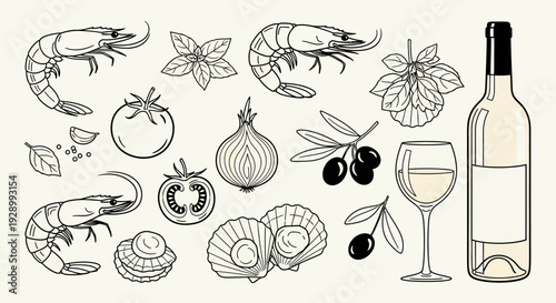 A collection of hand-drawn ingredients for a seafood meal, including shrimp, scallops, tomatoes, onions, garlic, olives, basil, and a bottle of white wine with a glass.