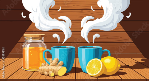 A still life composition of steaming tea cups, lemons, ginger, and honey on a wooden table against a brown background, celebrating World Homeopathy Day with warm tones.