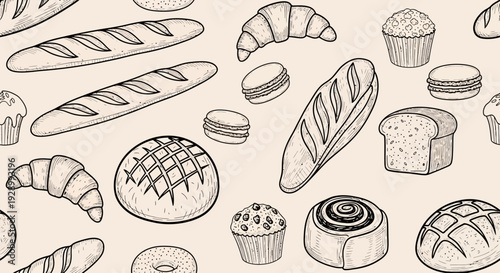 A delightful hand-drawn illustration featuring a variety of baked goods, including bread, croissants, muffins, and pastries, set against a neutral background.