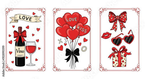 A collection of three Valentine's Day themed illustrations featuring romantic symbols like wine, hearts, balloons, bows, lips, sunglasses, and gifts.