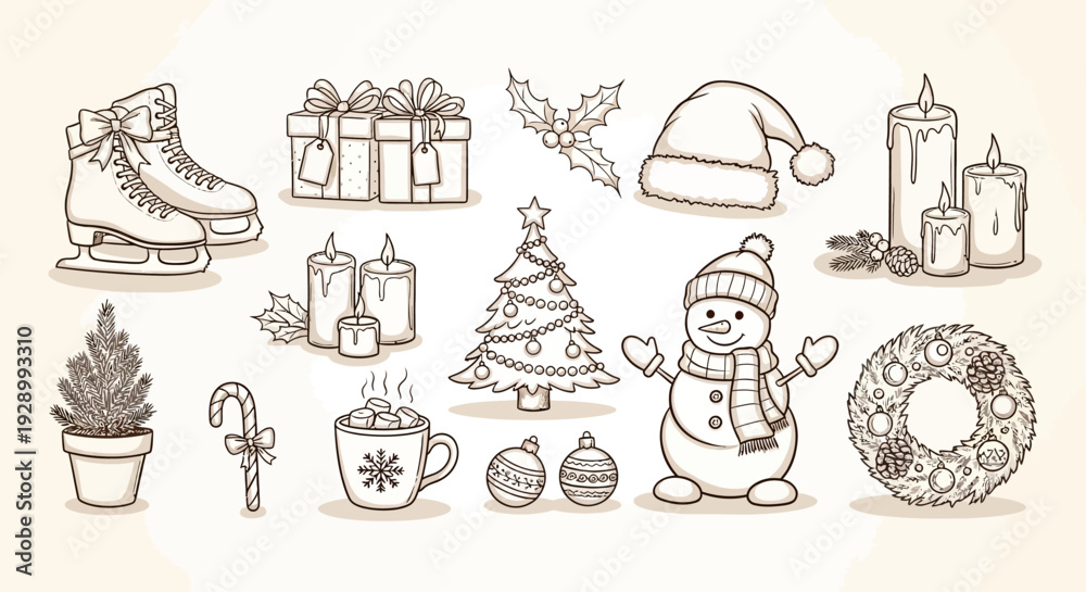 Naklejka premium A charming collection of hand-drawn Christmas and winter holiday icons, including skates, gifts, candles, a snowman, and a wreath.