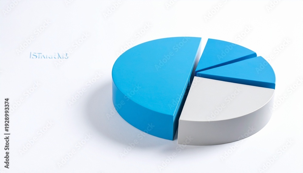 Obraz premium 3D pie chart with five segments in blue and white tones, placed on a white surface with shaad