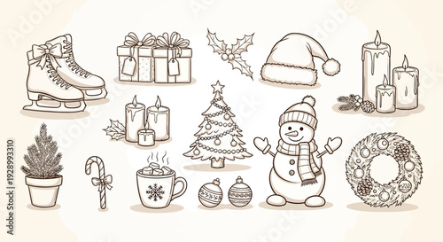 A charming collection of hand-drawn Christmas and winter holiday icons, including skates, gifts, candles, a snowman, and a wreath.