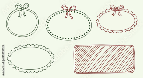 A collection of five hand-drawn decorative frames with bows and scalloped edges, set against a light background.