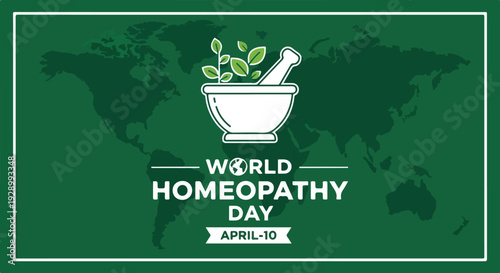 Graphic illustration of World Homeopathy Day logo on a green background with a world map, featuring a mortar and pestle with leaves.