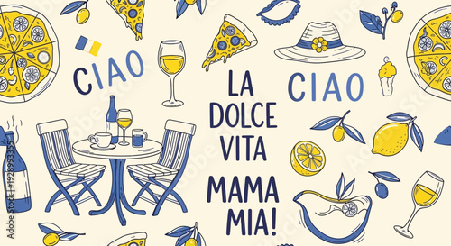 A charming illustration of Italian life with pizza, wine, lemons, and a cafe setting, evoking 'La Dolce Vita'.