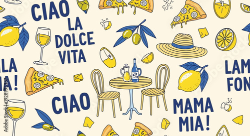 A vibrant and cheerful Italian-themed illustration featuring lemons, pizza, wine, and iconic Italian phrases.