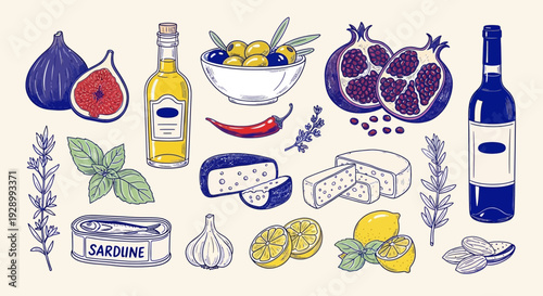 A vibrant collection of Mediterranean ingredients including figs, olive oil, olives, pomegranates, wine, cheese, sardines, garlic, lemons, and herbs.