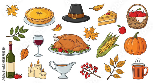 A collection of Thanksgiving holiday icons including a turkey, pumpkin, pie, corn, and autumn leaves.