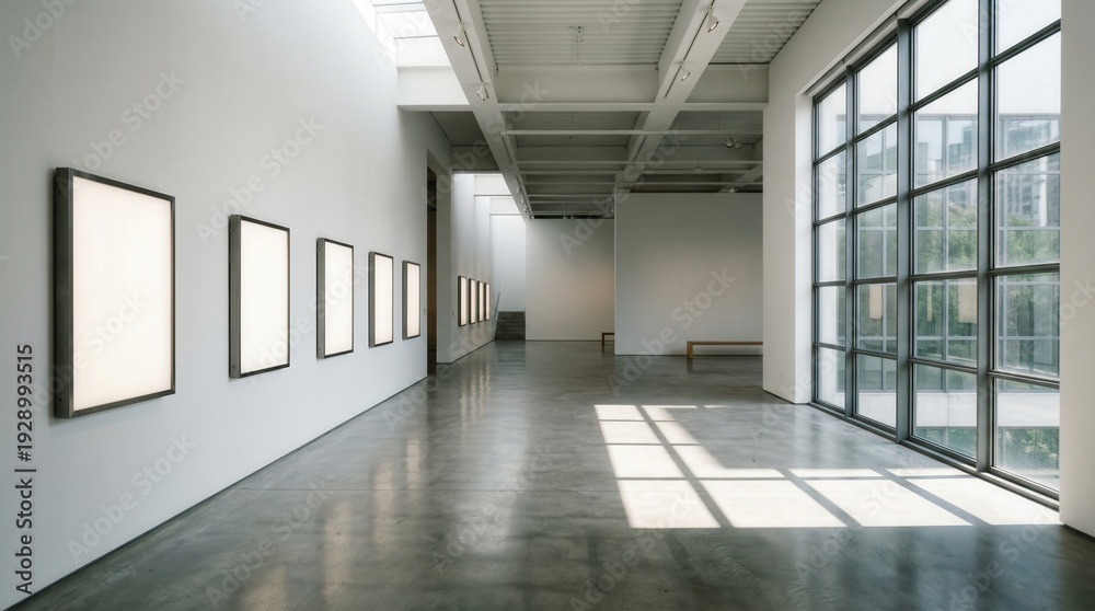 Fototapeta premium Empty modern art gallery hall showcasing blank illuminated frames with concrete floor and large windows offering ample copy space for design presentation or architectural concept.