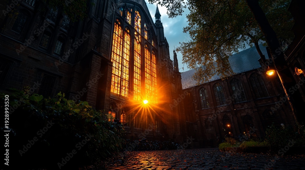 Obraz premium Gothic Architecture Illuminated by Dawn's Glow: A grand cathedral's towering stained-glass windows are aglow with the light of the rising sun. the image capture historic detail and serene atmosphere