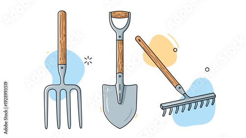 Essential trio of gardening tools including a metal pitchfork, spade, and rake with wooden handles for spring yard work and landscaping projects.