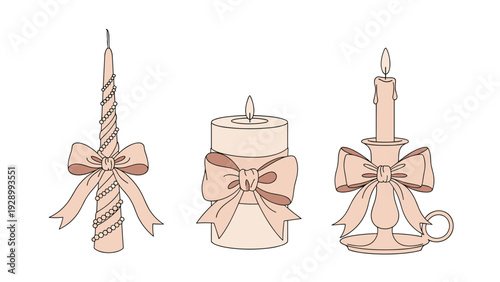 Collection of three elegant Christmas candles decorated with pearl strings and ribbon bows placed in a classic candlestick for holiday themes.