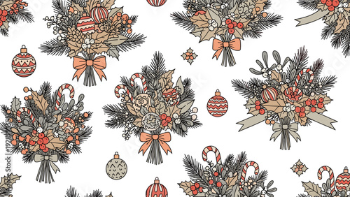 Festive seamless pattern with winter bouquets of pine branches, holly berries, candy canes, and colorful ornaments on a clean white background.