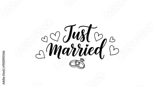 Just Married script calligraphy text surrounded by small love hearts and two interlocking wedding rings in a clean line art style for cards.