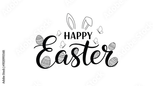 Happy Easter calligraphy text with cute bunny ears, flying butterflies, and decorated eggs in a clean black and white line art style for coloring.