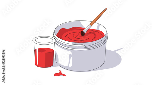 Large white bucket and small cup filled with vibrant red paint and a wooden paint brush dipped in the center of the bucket on a white background.