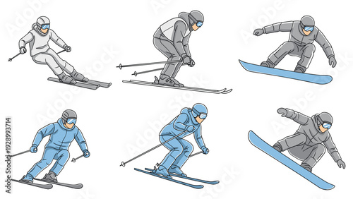 Collection of people in blue and grey winter gear enjoying skiing and snowboarding activities isolated on a plain white background for sports.