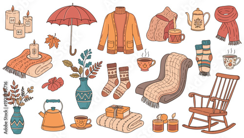 Comprehensive set of cozy autumn themed items including warm sweaters, rocking chairs, tea, candles, blankets, and colorful fall leaves for decor.