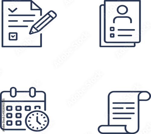 Project management icon set with task checklist, user profile document, calendar schedule and scroll paper