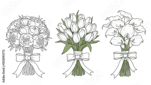Set of three different floral bouquets including peonies, tulips, and calla lilies tied with large ribbon bows for coloring and card designs.