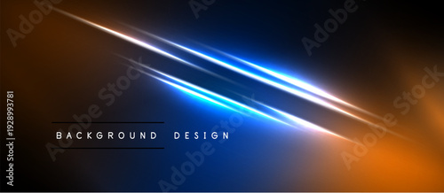 Abstract design features vibrant orange, blue light streaks. Dark background creates dramatic visual effect. Modern, sleek presentation.