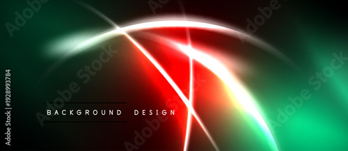 Abstract neon lights create vibrant green, red glow. Lines intersect, forming dynamic visual effect. Dark background enhances luminosity.