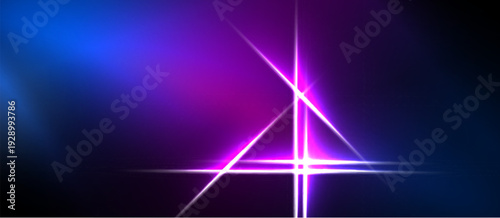 Bright neon lines form triangle, radiating light. Blue, purple hues create vibrant abstract background. Minimalist design.