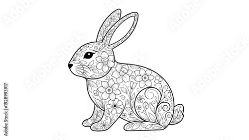 Decorative line art illustration of a sitting rabbit covered in beautiful floral patterns ideal for spring coloring book activities.