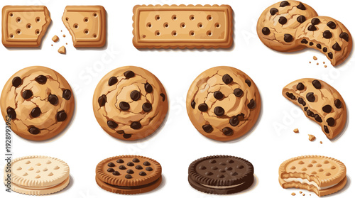 Cookie Icons Set Featuring Chocolate Chip, Biscuit, and Sandwich Cookies