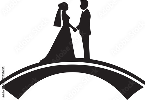Romantic Wedding Couple Silhouette Standing on a Bridge Hand in Hand
