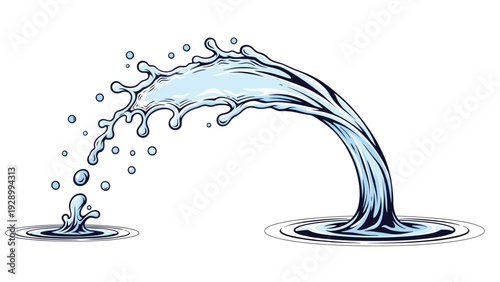 Dynamic vector illustration of a blue water splash creating an arc and falling into a pool with small droplets and ripples.
