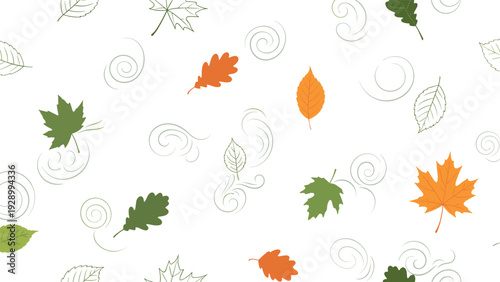 Whimsical seamless pattern featuring colorful autumn leaves and light gray wind swirls blowing across a clean white background.