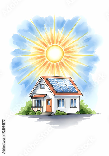 Solar-powered house with sunlight in a bright blue sky  