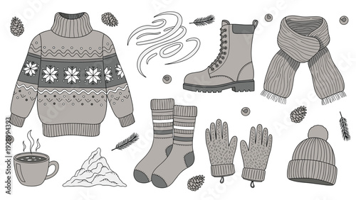 Comprehensive collection of hand drawn winter essentials including a warm sweater boots accessories and a cup of hot cocoa.