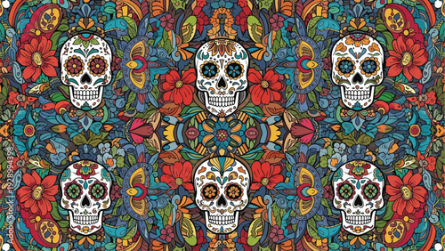 Vibrant and highly detailed seamless pattern of decorated sugar skulls surrounded by colorful flowers for dia de los muertos.