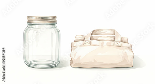 Glass jar and reusable bag for zero waste lifestyle concept  