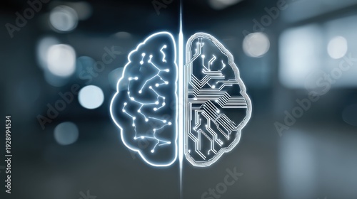 Image representing a technological brain, split in half with circuit board and neural connections