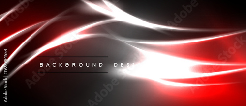Abstract red, white lines over black background. Dynamic flowing shapes create modern visual effect. Simple text overlay present.