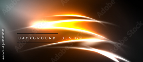 Abstract light streaks form dynamic composition. Bright orange glow contrasts dark background. Modern design element for digital projects.