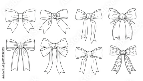 Collection of eight different hand drawn ribbon bows in a clean line art style perfect for gift decorations and card design elements.