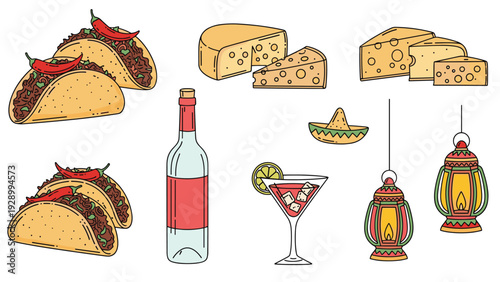 Festive collection of traditional mexican food and party items including tacos cheese a bottle of wine a cocktail and colorful lanterns.