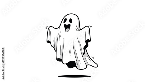 Friendly cartoon ghost floats in the air with a happy expression and mouth wide open for Halloween celebrations.
