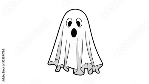 Surprised cartoon ghost with wide eyes and an open mouth floating against a plain white background for Halloween.