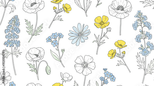 Delicate pattern of various hand drawn wildflowers including buttercups and forget-me-nots in soft pastel colors.