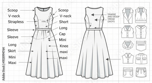 Fashion design illustration with labeled dress parts and various necklines and sleeves