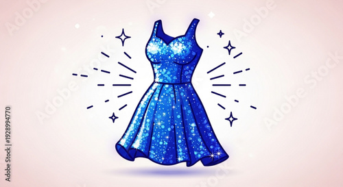 Glittery blue dress with sparkles and stars on a pink background perfect for fashion and party themes